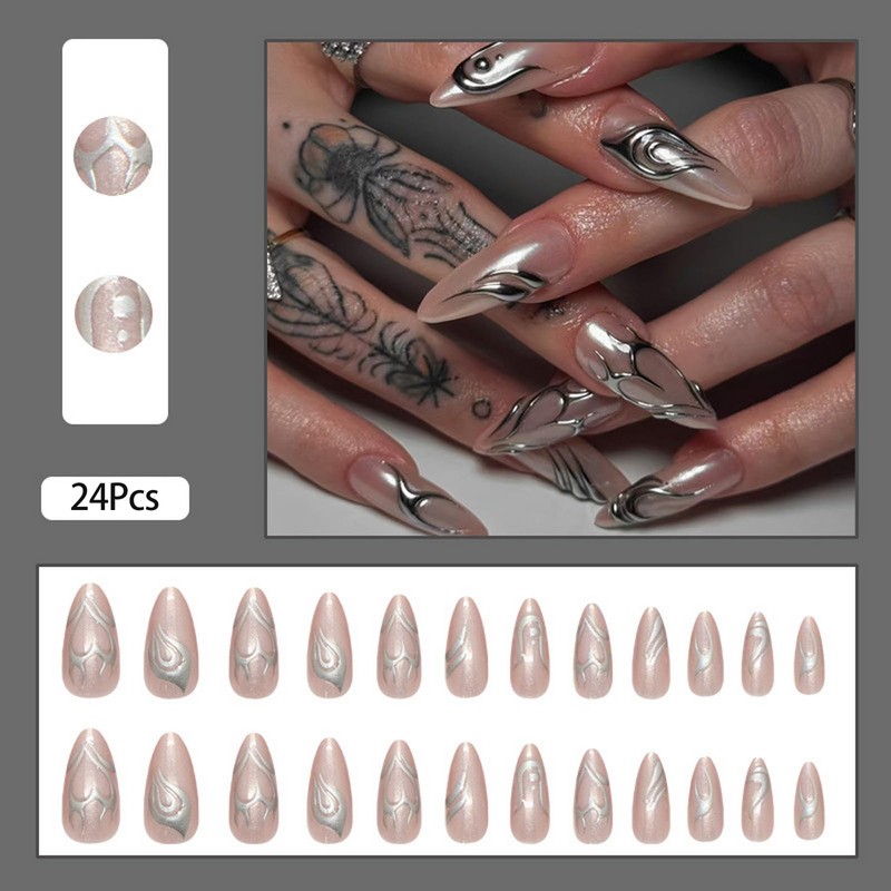 24Pcs Almons Press on Nails Medium Long Fake Nails Reusable