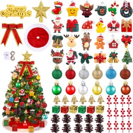 Celltestria 75Pcs Mini Christmas Tree Decorations kit Tiny Xmas Ornaments Miniature Resin Hanging Ornaments Small Tree Skirt Ball Star Topper with Light for Christmas Decorations