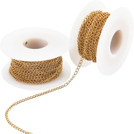 Beebeecraft 2 Rolls 33 Feet 18K Gold Plated Stainless Steel Chain Bulk 3mm Jewelry Chain Links Metal Cable Rolo Link Chain Roll Spool for Necklace Earring Bracelet DIY Craft Supplies Findings
