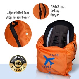 Car Seat Travel Bag and Carrier for Gate Check with Travel Pouch - Bright Orange with Blue Letters for Airport, Airplane Gate Check, Car Trips and Storage Double Backpack Straps | Carseat Bag for STO