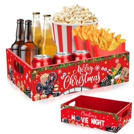 CIEOVO Christmas Movie Night Snack Tray with Handles, Christmas Wooden Snack Storage Box Popcorn Snack Tray Pantry Organizers Storage Baskets Bins for Christmas Movie Night Party Supplies