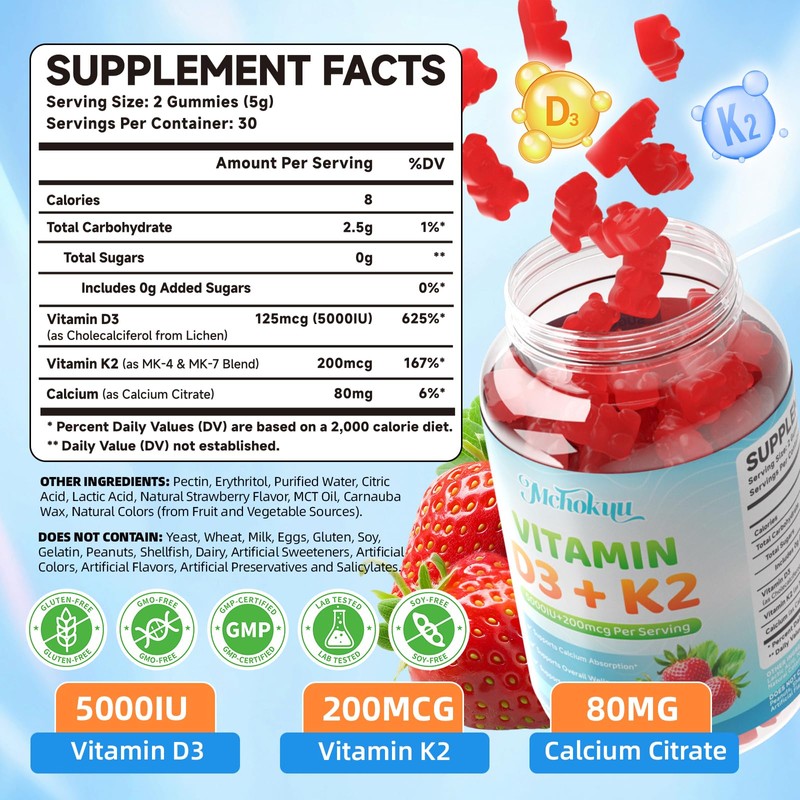 Mchokuu Vitamin D3 K2 Gummies 5000IU Sugar Free Supplement, 60