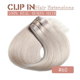 Clip in Hair Extensions Real Human Hair 22 Inch Clip ins Extensions Remy Human Hair for Women #60 Platinum Blonde Hair Extensions for Wedding,Daily Wear 80g/2.82oz 5pcs