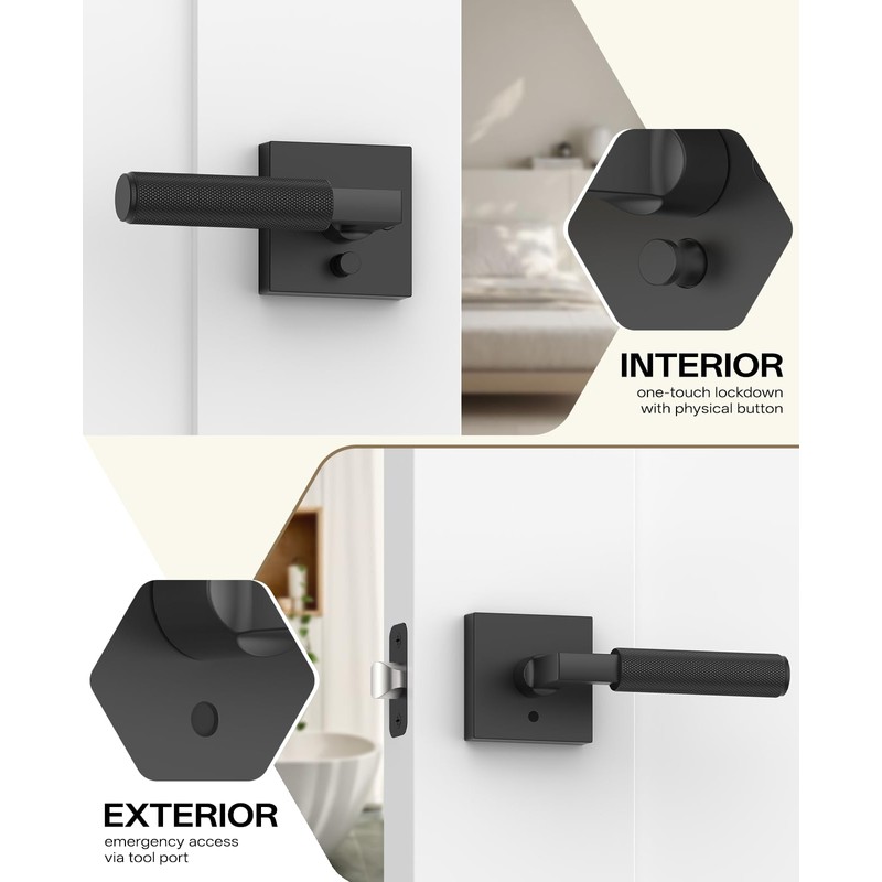 Amerdeco 1 Pack Privacy Door Handles, Matte Black Interior, Knurled