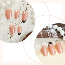 Multicolor French Tip Press on Nails Black White Gold Glitter Glue on Nails Long Almond Acrylic False Nails Glossy Artificial Stick on Nails for Women Girls