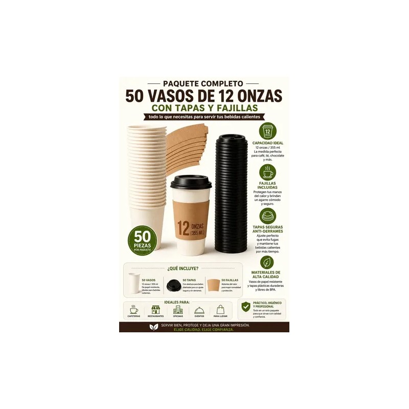 50 Vasos Desechables 12oz Para Café Kit Con Tapas Y