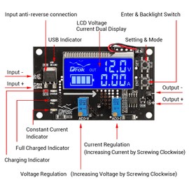 DROK Voltage Boost Converter, DC 6-30V 5V Step Up to DC 7-32V 12V 24V 5A Adjustable Volt Regulator, LCD Power Supply Module Voltage Current Amp Display Transformer Circuit Board with Case