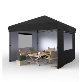 GarveeLife 10x10 Pop Up Canopy with 3 Sidewalls - Easy Up Camping Tent with One Button Push Setup - 1 Roller Bag, 3 Adjustable Height, 4 Weight Bags for Deck, Garden, Sports, Beach, Party - Black
