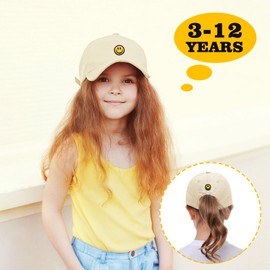 Cooltto Toddler Baseball Hats for Boy & Girls, with Smile Face Pattern & Soft Cotton Sweat Band Mesh Washed Funny Hats Adjustable Cute Caps for Age 3-12 in Summer (Beige)