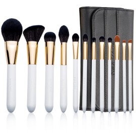 Luxury Enzo Ken Natural Black Goat Hair Makeup Brush Set with Handbag, Extra Soft Face and Eye Brush, 12 Pieces Luxurious White Eyeshadow Brush Sets with Roll-Up Bag