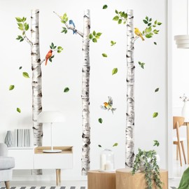 Supzone Watercolor Birch Tree Wall Decals 3 Gaint Birch Tree Birds Wall Stickers Peel and Stick Wall Art Decor for Bedroom Living Room Kitchen Sofa TV Backdrop Wall Decoration