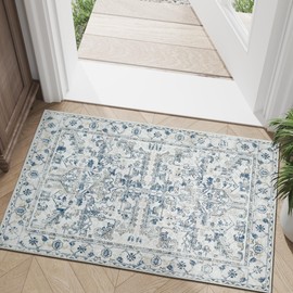 jinchan 2x3 Washable Rug for Entryway - Vintage Floral Ultra-Thin Low Pile Soft Small Non Slip Distressed Indoor Door mat Accent Area Rug for Entrance Kitchen Bathroom Bedroom (2x3ft,Blue)