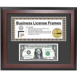 CreativePF [$L8.5x11ss-b] Mahogany First Dollar Frame with Business License, Mat Holds 1st Dollar and One 3.5x8.75 License Including Self Standing Easel and Wall Hanger
