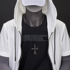 COOLSTEELANDBEYOND Stainless Steel Large Gothic Vintage Skull Cross Pendant Necklace for Men with 75 cm Wheat Chain, Stainless Steel, No Gemstone