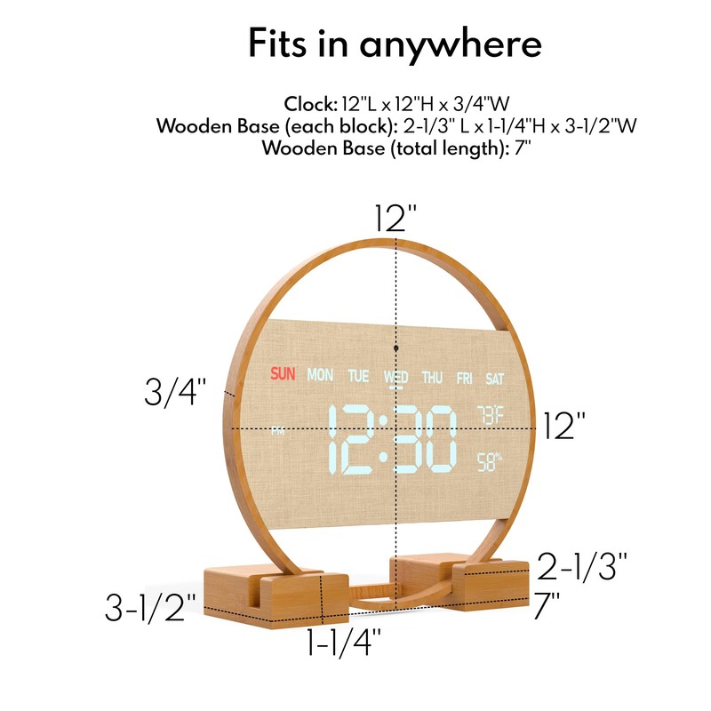 Driini Modern Large Digital Wall Clock - Bamboo Wood with