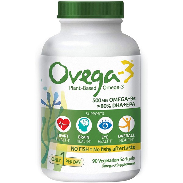OVEGA-3 Vegan Algae Omega-3 Supplement | 135 mg EPA + 270 mg DHA | Fish Oil Alternative | No Fishy Aftertaste | Vegetarian Softgels, 90 Count
