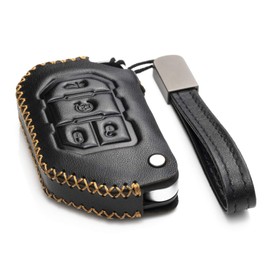 Vitodeco Genuine Leather Flip Key Fob Case Cover Protector with Leather Key Strap Compatible for 2018-2021 Jeep Wrangler (4-Button, Black)