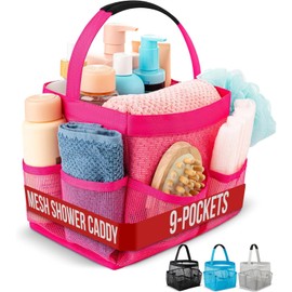 Masirs Shower Caddy Mesh - 9 Pocket Portable Bathroom Organizer Tote for Travel, Gym & Dorm - Collapsible Small Shower Caddy Bag to Hold Toiletries & Essentials (Pink)
