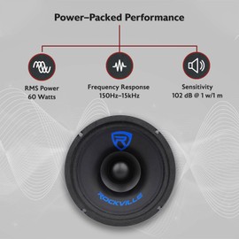 Rockville RM68SP Mid-Range Car Speaker, 6.5”, 120W, 8 Ohm, Dual Cone, Kevlar, Foam Suspension, Bullet Phase Plug, CEA Compliant, Perfect for Car Audio