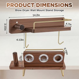 Yinkin 14.2'' Long Wood Hair Dryer Holder Blow Dryer Wall Mount Stand Storage Accessories and Attachments Organizer for Bathroom Living Room, 3.15 x 4.72 Inch