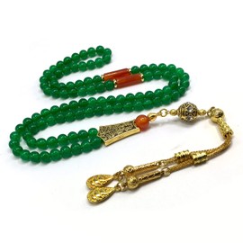 ALBATROSART Special Prayer Beads Series -99 beads- Tesbih Tasbih Tasbeeh Misbaha Masbaha Subha Sebha Sibha (GREEN JADE NATURAL STONE & GOLD TASSEL -6 mm 99 small beads-)