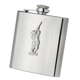 Farm Cottage Brands 6oz Oblong Stainless Steel Hip Flask with Funnel in a Presentation Box - with a pewterware Motif of a Man Shotgun Shooting