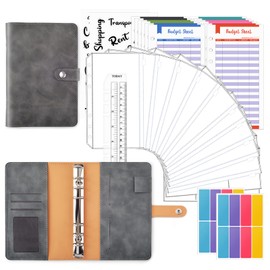 TOYESS 30Pcs Budget Binder Set for Money Saving Wallet, A6 Leather Money Binder with 12 Cash Envelopes, 12 Budget Sheets, Ring Binder Money Organiser for Budget Planner, Grey
