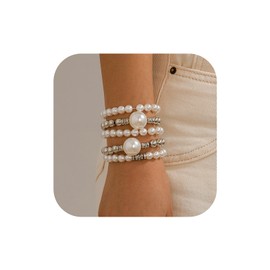 Decixde Pearl Bracelet for Women Chunky Fake Pearl Stackable Stretch Bracelet Set Multilayer Gold Beaded Bangles Wedding Bridesmaids Bridal Party Jewelry Gift (Silver Pearl Bracelets)