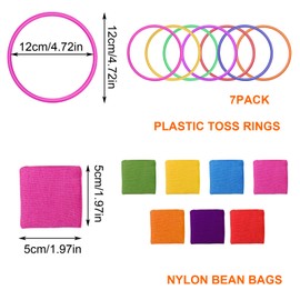 FRIUSATE 14Pcs Throwing Game Set,7Pcs Nylon Bean Bags 7Pcs Plastic Toss Rings Colorful Kids Beanbag Toss Game Carnival Toys for Toddlers Kids Indoor Outdoor Activities