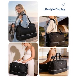 Gloppie Travel Duffel Bags for Women, 39L Large Weekender Bags for Women with Shoe Compartment, Carry On Overnight Gym Bags with Wet Pocket, Hospital Bag for Women Labor Delivery, 2 Pcs Set, Black