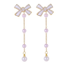 Canboer Gold Bow Earrings Long Tassel Pearl Chain Dangle Drop Earrings Bowknot Statement Earrings Jewelry Gift for Women