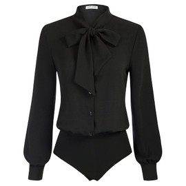 Kate Kasin Women Retro Office Bow Blouse Long Sleeve Button Down Bodysuit Leotard Blouse Top Black L