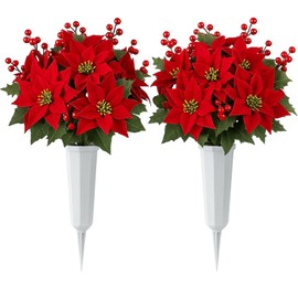 Thiccywoov 2 Sets Christmas Artificial Cemetery Flowers with Vase for Grave Christmas Velvet Red Poinsettias Berry Bouquet Graveyard Memorial Flowers for Xmas Winter Headstones Cemetery Decor