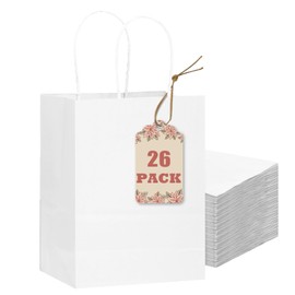 qiqee 26-Packs White Gift Bags with Handles Bulk 8.3"x3"x 6" Small Size Paper Bags Multiple Uses (Small Size)
