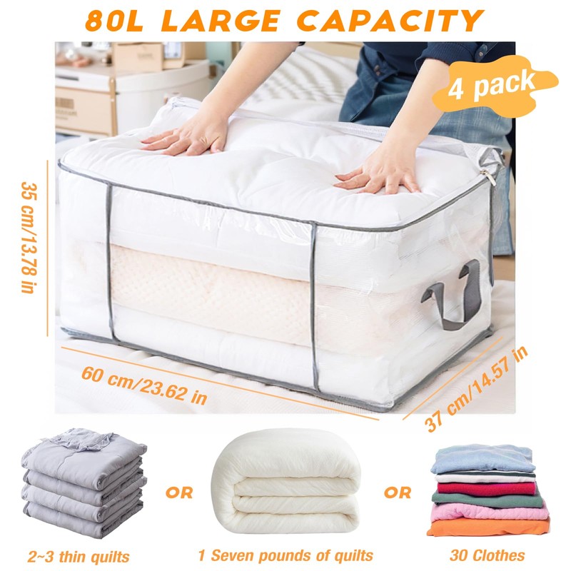 80L Clothes Storage Bags, 4 Pack Large Clear Capacity Clothes