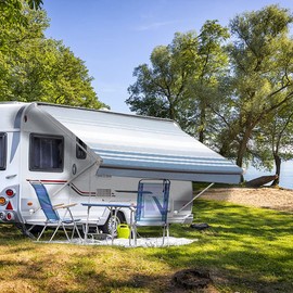 Suncode RV Awning Fabric Replacement Waterpoof Universal Outdoors Canopy for Camper,Trailer,and Motorhome Awning Replacement Premium Grade Vinyl RV Canopy Replacement 20'(Fabric 19'2") Blue Strip