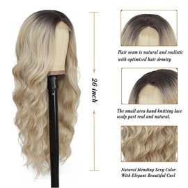 26Inch Long Wavy Platinum Blonde Middle Part with No Bangs Wig Women's Natural Synthetic Hair Heat Resistant Wig Daily Party Role Play