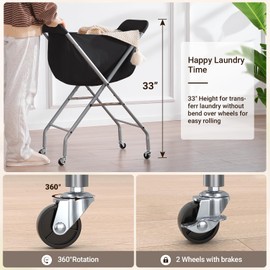 ELYKEN Laundry Cart with Wheels, 33”H Easy Rolling Laundry Hamper with Removable Liner Bag, Sturdy Metal Frame Clothes Basket with 4 Casters and 2 Brakes