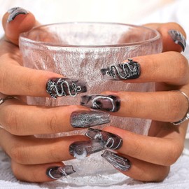 Sethexy Sethexy Punk Long Coffin False Nails Handmade Rhinestone Glitter Glossy Fake Nails 3D Dragon and Crystal Moon Press On Nails Hand-painted Salon Quality Nail Art Removable for Women and Girls 10PcsZ