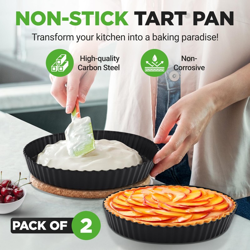 NutriChef 2 Round Tart Pans | 9 Inch Carbon Steel