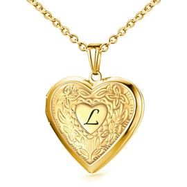 Locket Necklace Holds Pictures Alphabet Initial Letter Love Heart Lockets 18K Gold Plated Photo Memory Locket Necklaces Gold L