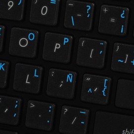 SPANISH LATIN AMERICAN KEYBOARD LABELS ON TRANSPARENT BACKGROUND with BLUE LETTERING (14X14)