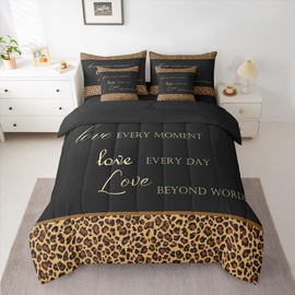 Castle Fairy Leopard Print Reversible Comforter Set 7 Piece King Size,African Wild Animal Fur Pattern Bed Sheet Set Cheetah Skin Brown Black Bedding Set with Comforter,Fitted & Flat Sheet
