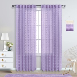 Purple Sheer Curtains 84 Inch Length for Girls Bedroom Nursery Kids Baby Dorm Room Rod Pocket 2 Panels Set Light Lilac Lavender Boho Pom Pom Tufted Texture Semi Sheer Pastel Curtains for Living Room