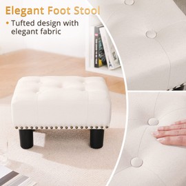 LUE BONA Small Tufted Foot Stool, Beige Rivet Fabric Ottoman with Plastic Legs, 9''H, Rectangle Footstool for Adult with Non-Slip Pads, Sofa Foot Rest for Living Room, Couch