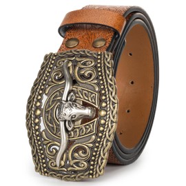 Eohak Mens-Western-Cowboy-Belt - Longhorn-Bull-Pattern-Buckle-Belt Floral-Engraved-Buckle-Belt Fit 25" to 38" Waist (Brown-Bull Head, Fit Waist 34-38 in)