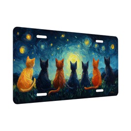 Cat Front License Plate for Women Starry Night Sky Oil Painting Car Vanity Plates Decorative Aluminum Metal Cute Novelty License Plate 6x12 Inch (4 Holes)