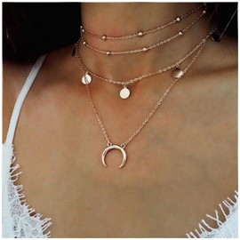 Cimenexe Bohemian Layered Moon Pendant Necklace Coin Dangle Necklace Chain Crescent Moon Choker Necklace Gold Disc Chain Necklace Station Ball Chain Necklace Jewellery for Women and Girls