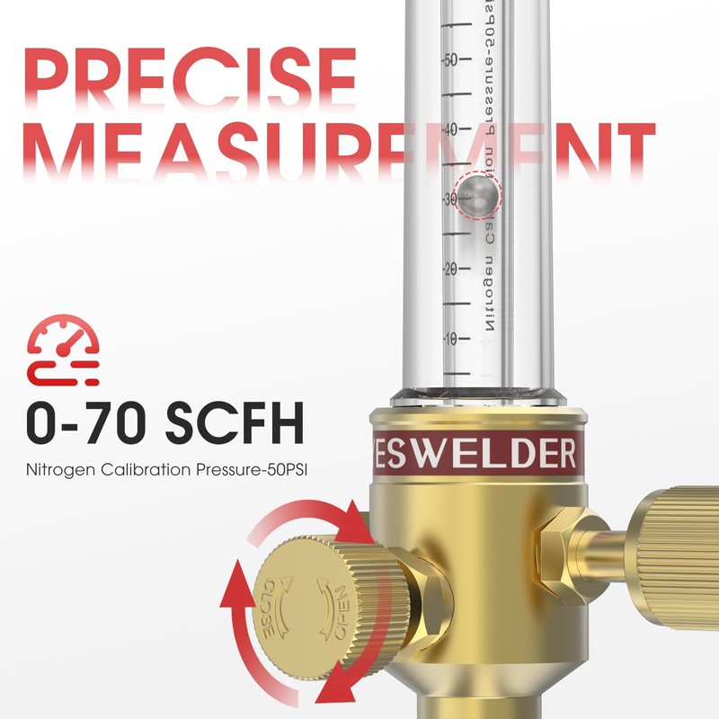 YESWELDER Nitrogen Flow Meter 1/4" SAE Flare Inlet 0-70SCFH 50PSI