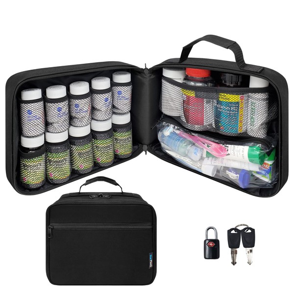 StarPlus2 Large Padded Pill Bottle Organizer, Medicine Bag, Case, Carrier for Medications, Vitamins, and Medical Supplies with Fixed Pockets - Home Storage and Travel - Black (with TSA Approved Lock)